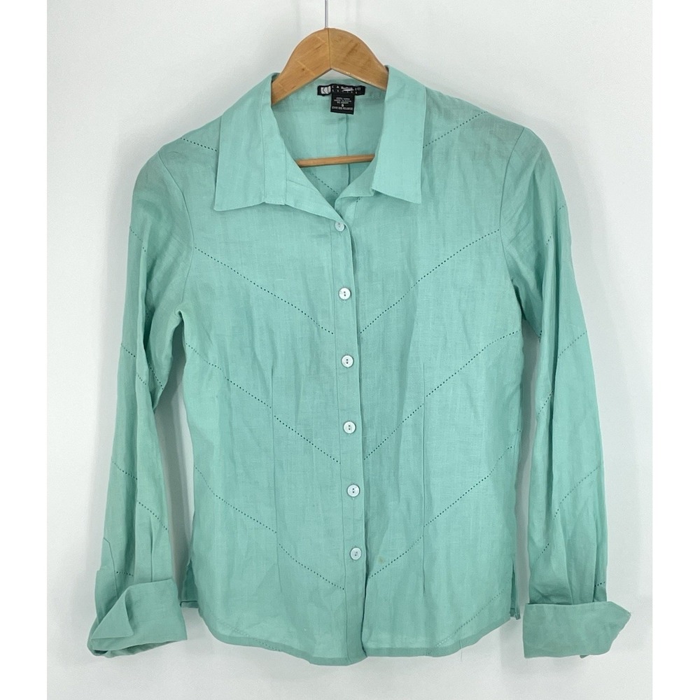 Carol LIttle Womens S 100% Linen Button Up Shirt Green Long Sleeve Beachy